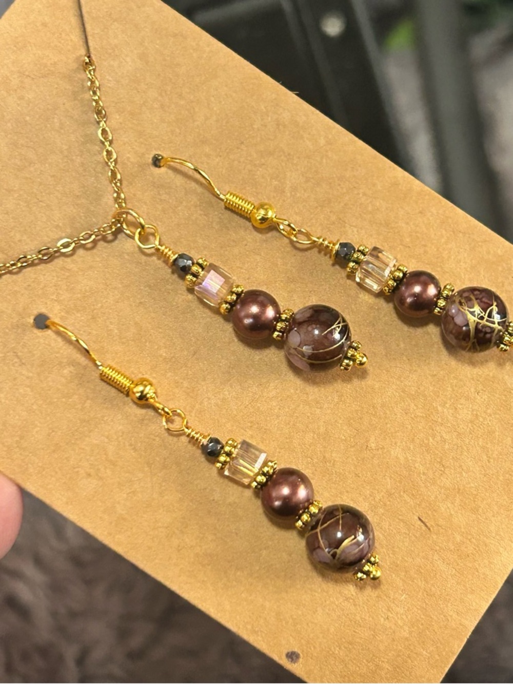 Handcrafted art glass Czech pearl crystal necklace and earring set
